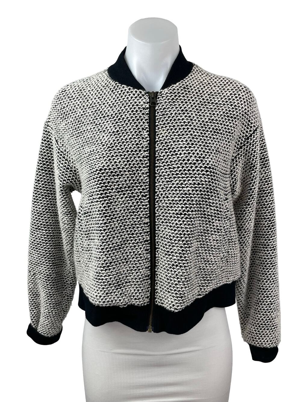 Marine Layer Birdseye Black White Full Zip Cropped Bomber Coat Jacket Size M